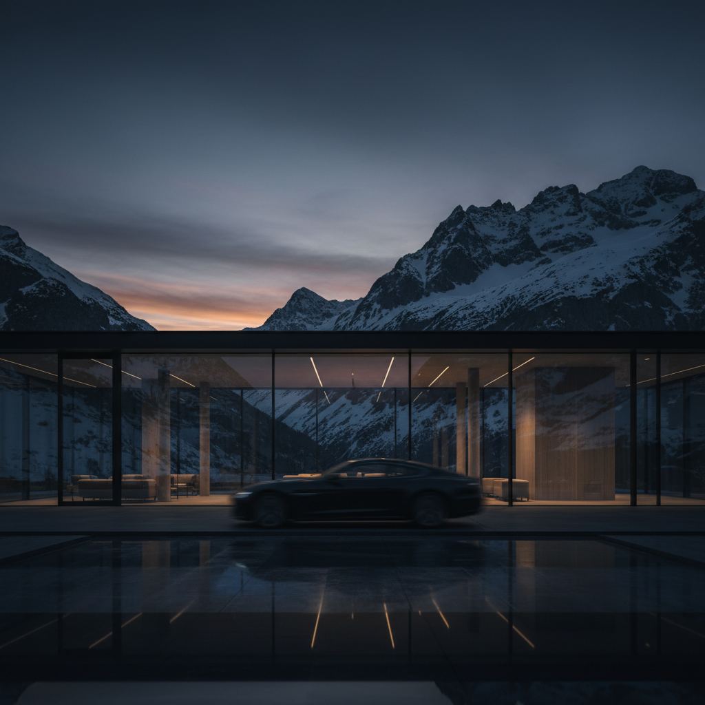 Contemporary Swiss architecture with a premium automotive atmosphere