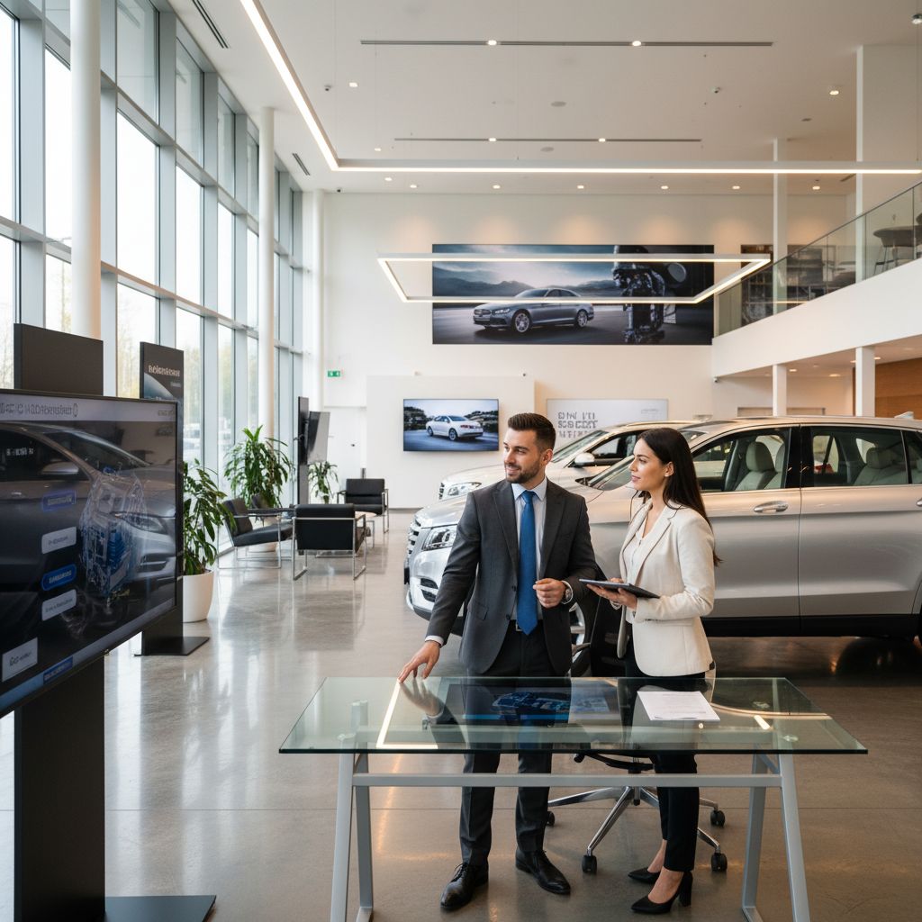 Automotive finance advisor with a client in the showroom